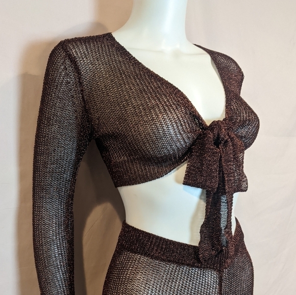 Sorelle UK Red Metallic Matching Crop Top and Flare Pants Knit Chainmail Set XS - Picture 2 of 9